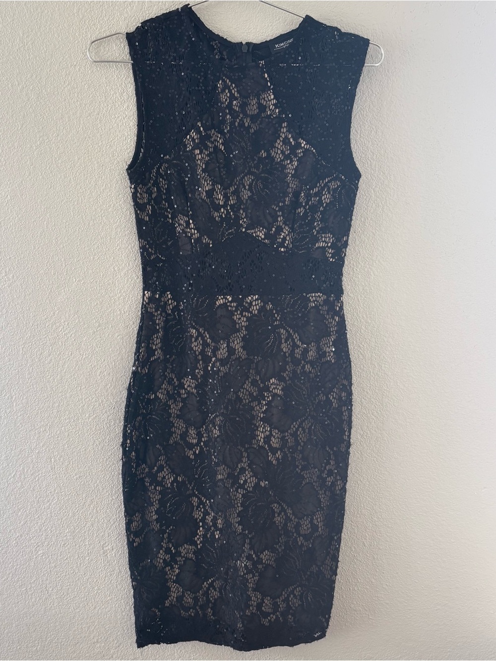BCBG Black Lace Midi Dress with Nude Lining